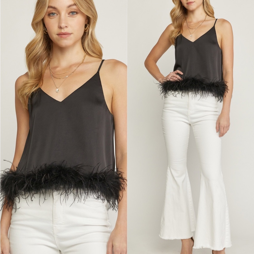 🌺🌺🌺ENTRO feather Trimmed Spaghetti Strap in Black🌺🌺🌺